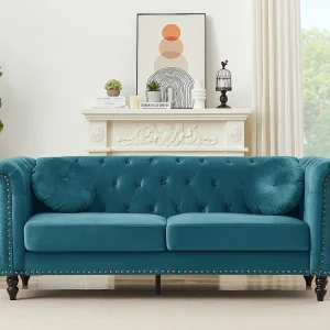 Driezitsbank van blauwgroen velours met charmante stijl TURNER Driezitsbank van blauwgroen velours met charmante stijl TURNER