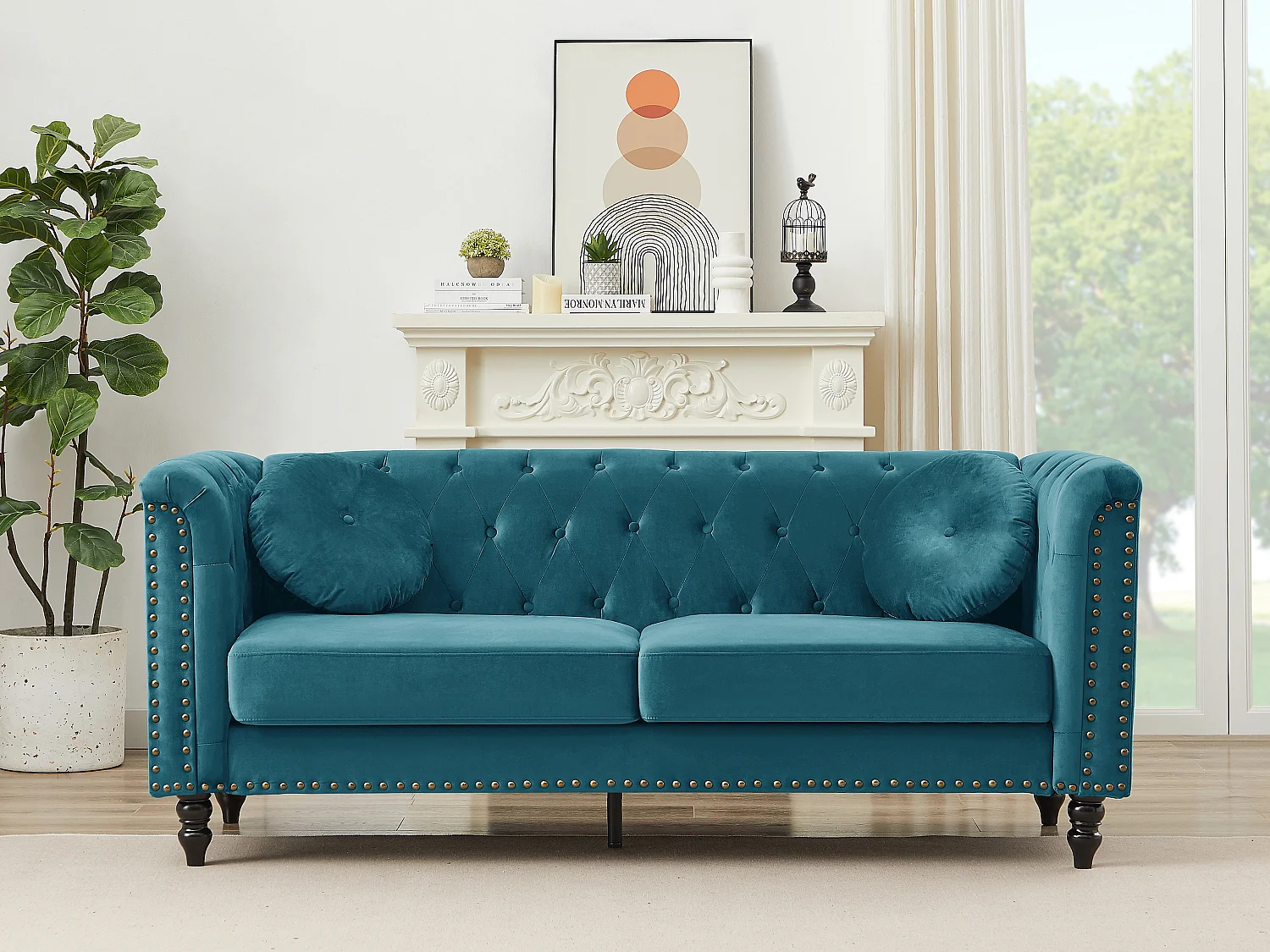 Driezitsbank van blauwgroen velours met charmante stijl TURNER