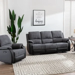 Driezits-relaxbank en -fauteuil van microvezel en grijs en zwart kunstleer BRODY Driezits-relaxbank en -fauteuil van microvezel en grijs en zwart kunstleer BRODY
