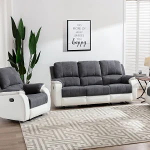 Driezits-relaxbank en -fauteuil van microvezel en grijs en wit kunstleer BRODY Driezits-relaxbank en -fauteuil van microvezel en grijs en wit kunstleer BRODY