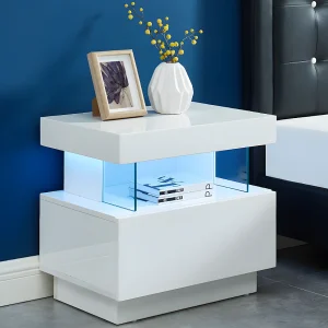 Nachtkastje FABIO – Wit gelakt MDF – Leds – 1 lade en 1 nis Nachtkastje FABIO – Wit gelakt MDF – Leds – 1 lade en 1 nis