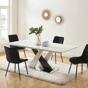 Eettafel voor 8 personen – Mdf en roestvrij staal – Wit en zwart marmereffect – EVAELA Eettafel voor 8 personen – Mdf en roestvrij staal – Wit en zwart marmereffect – EVAELA