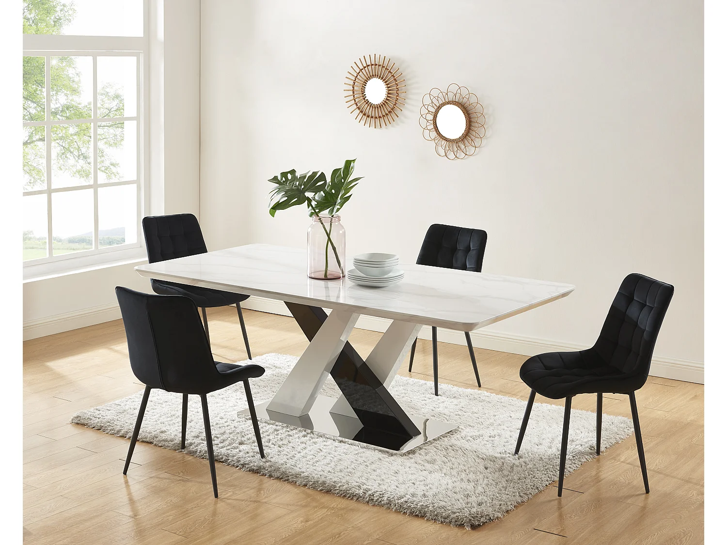 Eettafel voor 8 personen - Mdf en roestvrij staal - Wit en zwart marmereffect - EVAELA