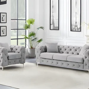 Driezitsbank en fauteuil van lichtgrijs velours en metalen poten EDWINA Driezitsbank en fauteuil van lichtgrijs velours en metalen poten EDWINA