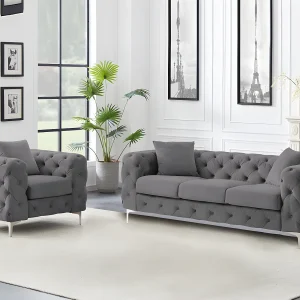 Driezitsbank en fauteuil van antracietgrijs velours en metalen poten EDWINA