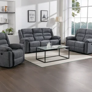 Elektrische driezits- en tweezits-relaxbank en -fauteuil van grijze stof BUROLO Elektrische driezits- en tweezits-relaxbank en -fauteuil van grijze stof BUROLO