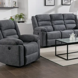 Elektrische driezits-relaxbank en relaxfauteuil van grijze stof BUROLO Elektrische driezits-relaxbank en relaxfauteuil van grijze stof BUROLO
