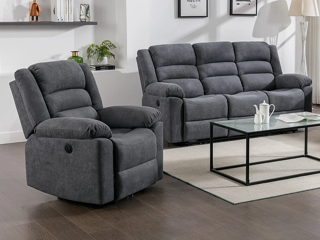 Elektrische driezits-relaxbank en relaxfauteuil van grijze stof BUROLO