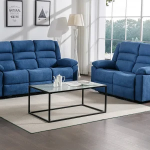 Driezitsbank en tweezitsbank met elektrische relaxfunctie van blauwe bekleding BUROLO Driezitsbank en tweezitsbank met elektrische relaxfunctie van blauwe bekleding BUROLO