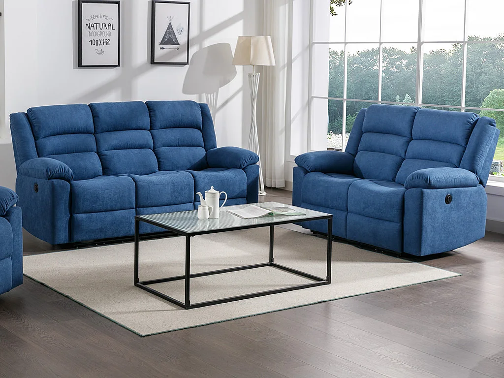 Driezitsbank en tweezitsbank met elektrische relaxfunctie van blauwe bekleding BUROLO