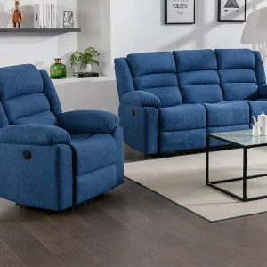 Elektrische driezits-relaxbank en -fauteuil van blauwe stof BUROLO Elektrische driezits-relaxbank en -fauteuil van blauwe stof BUROLO