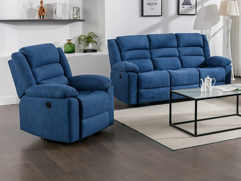Elektrische driezits-relaxbank en -fauteuil van blauwe stof BUROLO