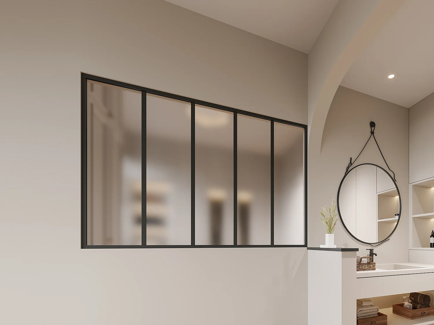 Glazen binnenraam van gepoederlakt aluminium en matglas - 150 x 105 cm - Zwart - BAYVIEW