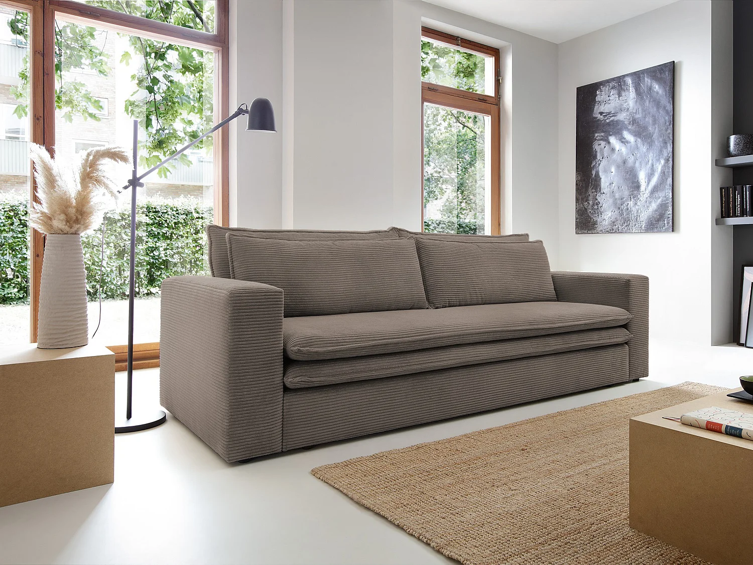 Driezitsslaapbank van taupegrijs ribfluweel TILIA