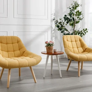 Fauteuil van mosterdgele stof in Scandinavische stijl met capitonnage LUOSTO Fauteuil van mosterdgele stof in Scandinavische stijl met capitonnage LUOSTO