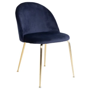 Geles eetkamerstoel blauw velours, poten in messing look. Geles eetkamerstoel blauw velours, poten in messing look.