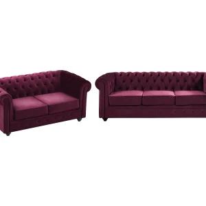 Drie- en tweezitsbank van purper velours CHESTERFIELD