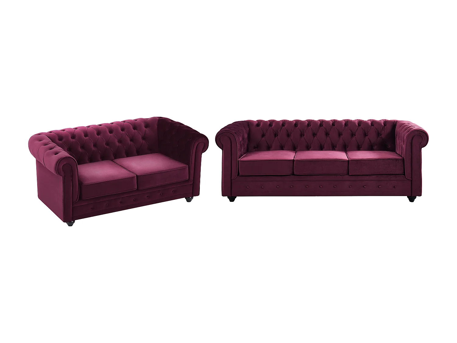 Drie- en tweezitsbank van purper velours CHESTERFIELD