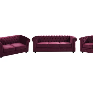 Drie- en tweezitsbank en fauteuil van purper velours CHESTERFIELD