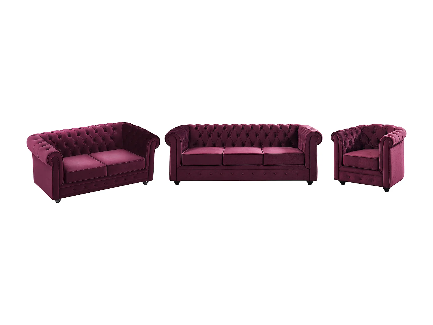Drie- en tweezitsbank en fauteuil van purper velours CHESTERFIELD