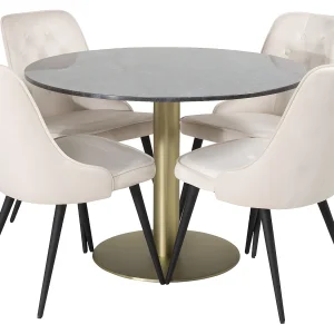 EstelleØ106BLBR eethoek eetkamertafel zwart, marmer en 4 Velvet Deluxe eetkamerstal velours beige, zwart. EstelleØ106BLBR eethoek eetkamertafel zwart, marmer en 4 Velvet Deluxe eetkamerstal velours beige, zwart.