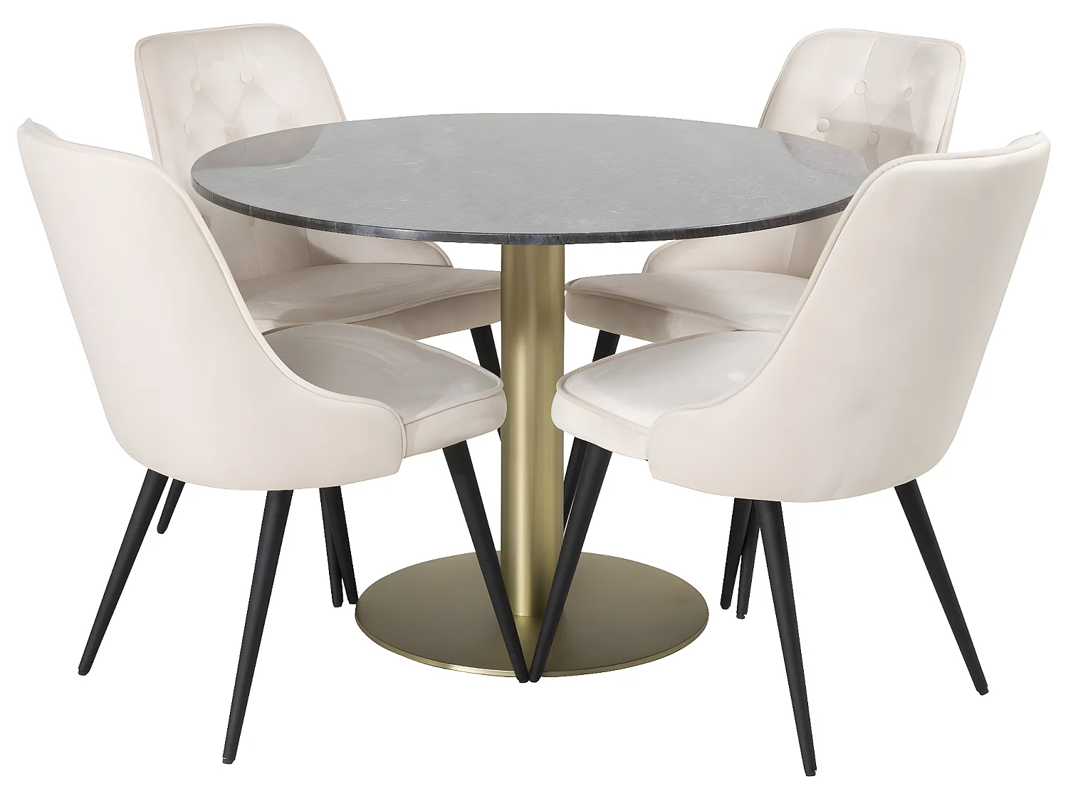 EstelleØ106BLBR eethoek eetkamertafel zwart, marmer en 4 Velvet Deluxe eetkamerstal velours beige, zwart.