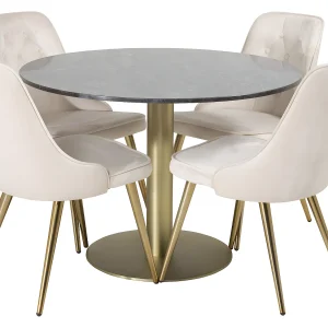 EstelleØ106BLBR eethoek eetkamertafel zwart, marmer en 4 Velvet Deluxe eetkamerstal velours beige, messing decor. EstelleØ106BLBR eethoek eetkamertafel zwart, marmer en 4 Velvet Deluxe eetkamerstal velours beige, messing decor.
