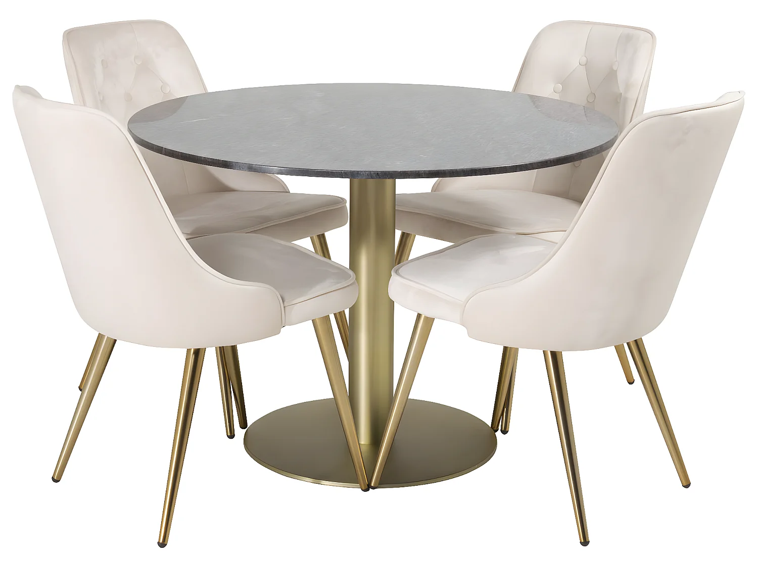 EstelleØ106BLBR eethoek eetkamertafel zwart, marmer en 4 Velvet Deluxe eetkamerstal velours beige, messing decor.