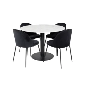 EstelleØ106WHBL eethoek eetkamertafel wit, marmer en 4 Wrinkles eetkamerstal velours zwart. EstelleØ106WHBL eethoek eetkamertafel wit, marmer en 4 Wrinkles eetkamerstal velours zwart.