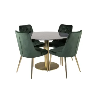 EstelleØ106BLBR eethoek eetkamertafel zwart, marmer en 4 Velvet Deluxe eetkamerstal velours groente, messing decor. EstelleØ106BLBR eethoek eetkamertafel zwart, marmer en 4 Velvet Deluxe eetkamerstal velours groente, messing decor.