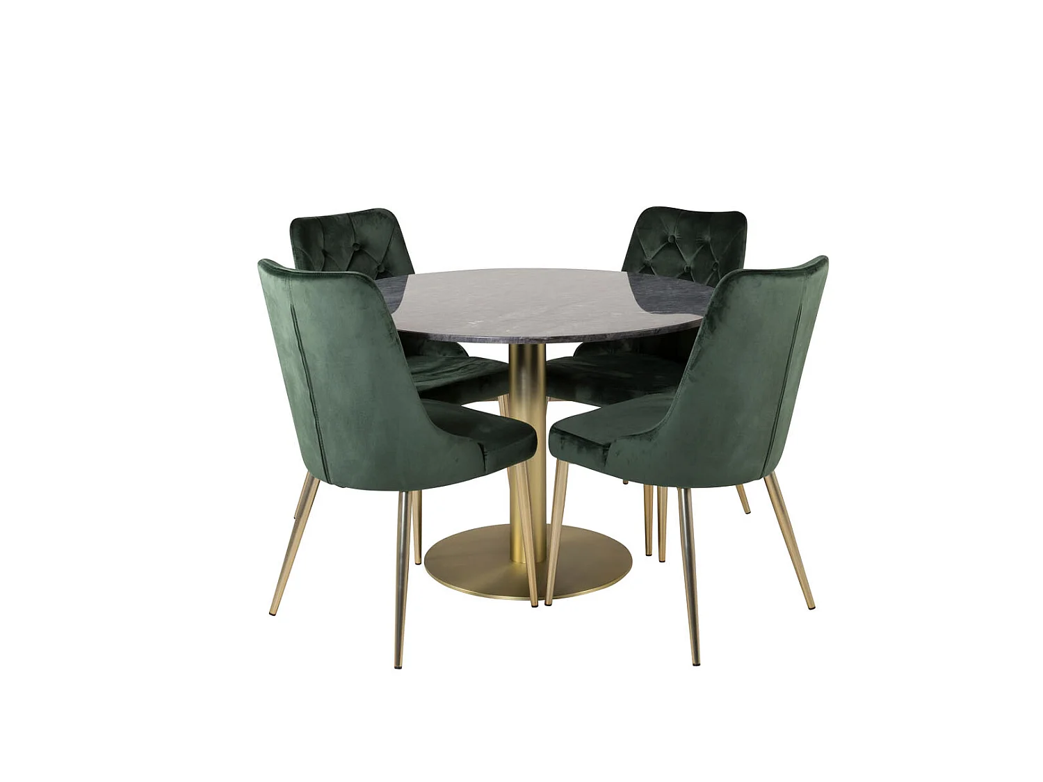 EstelleØ106BLBR eethoek eetkamertafel zwart, marmer en 4 Velvet Deluxe eetkamerstal velours groente, messing decor.