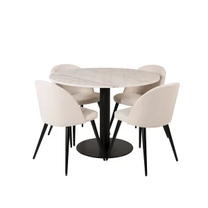 EstelleØ106WHBL eethoek eetkamertafel wit, marmer en 4 Velvet eetkamerstal fluweel beige, zwart. EstelleØ106WHBL eethoek eetkamertafel wit, marmer en 4 Velvet eetkamerstal fluweel beige, zwart.