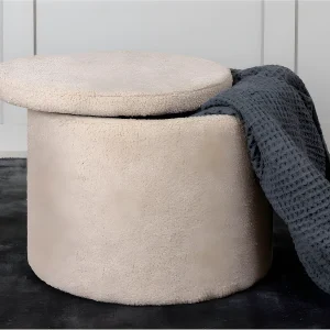 Dunken poef, hocker met opbergruimte Ø51cm teddystof beige.