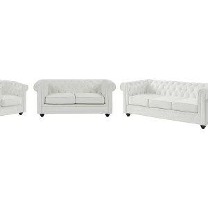 Fauteuil en zitbanken met 3 en 2 plaatsen in wit kunstleer – CHESTERFIELD