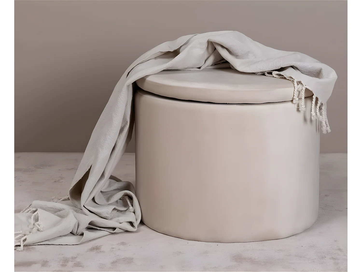 Dunken poef, hocker met opbergruimte Ø51cm velours beige.