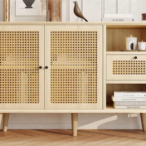 Dressoir met 1 lade, 2 nissen en 3 deuren in geweven rotan – verstelbare planken – Naturel Dressoir met 1 lade, 2 nissen en 3 deuren in geweven rotan – verstelbare planken – Naturel