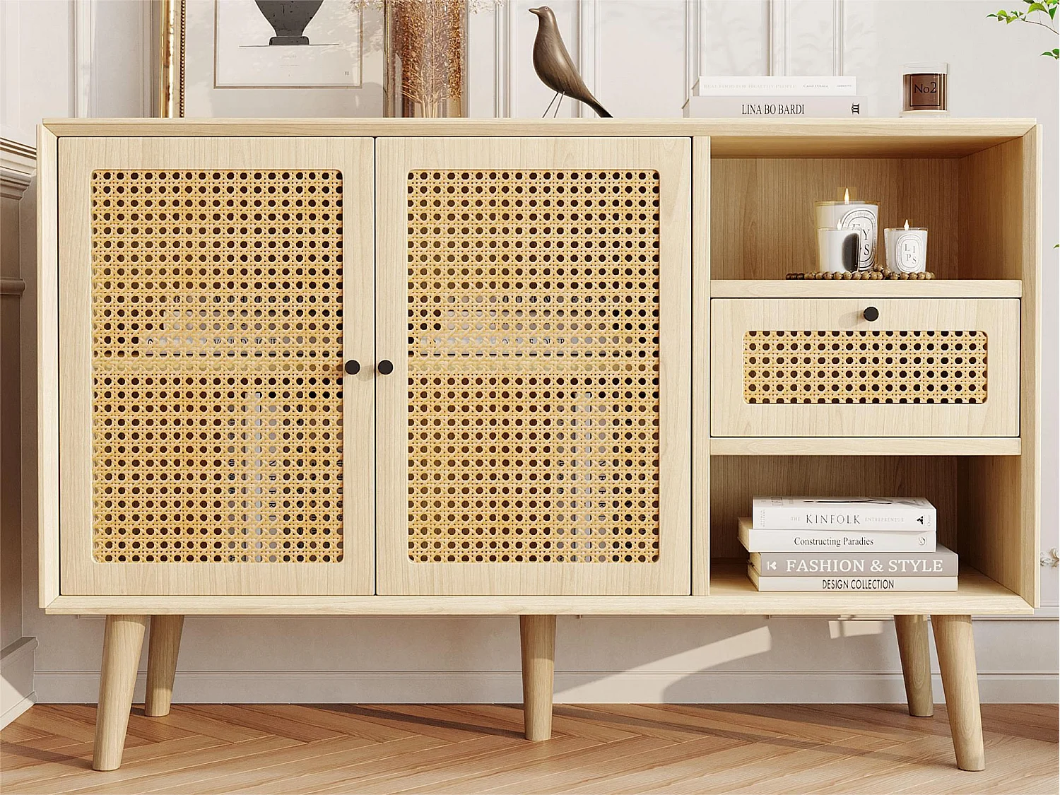 Dressoir met 1 lade, 2 nissen en 3 deuren in geweven rotan - verstelbare planken - Naturel