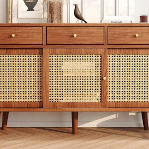 Dressoir met 3 laden en 3 schuifdeuren in geweven rotan – verstelbare planken – Bruin Dressoir met 3 laden en 3 schuifdeuren in geweven rotan – verstelbare planken – Bruin
