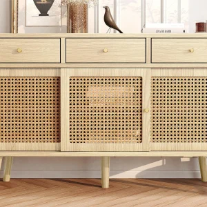 Dressoir met 3 lades en 3 schuifdeuren in geweven rotan – verstelbare planken – Naturel Dressoir met 3 lades en 3 schuifdeuren in geweven rotan – verstelbare planken – Naturel
