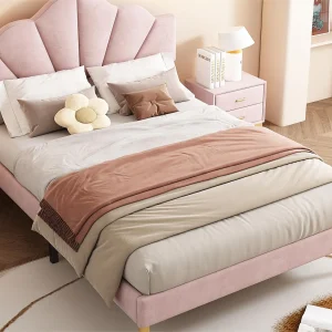 Fluwelen kinderbed – 140x190cm – schelpvormig hoofdbord – Roze Fluwelen kinderbed – 140x190cm – schelpvormig hoofdbord – Roze