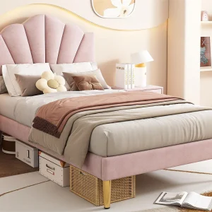 Fluwelen kinderbed – 90x200cm – schelpvormig hoofdbord – Roze Fluwelen kinderbed – 90x200cm – schelpvormig hoofdbord – Roze