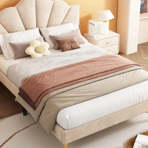 Fluwelen kinderbed – 140x190cm – schelpvormig hoofdeinde – Beige Fluwelen kinderbed – 140x190cm – schelpvormig hoofdeinde – Beige