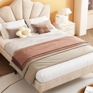 Fluwelen kinderbed – 140x200cm – schelpvormig hoofdeinde – Beige Fluwelen kinderbed – 140x200cm – schelpvormig hoofdeinde – Beige