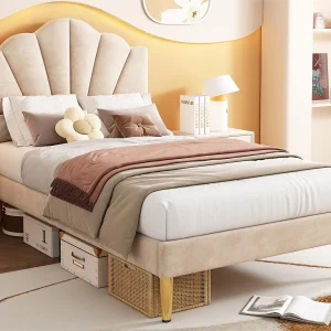 Fluwelen kinderbed – 90x200cm – schelpvormig hoofdeinde – Beige Fluwelen kinderbed – 90x200cm – schelpvormig hoofdeinde – Beige