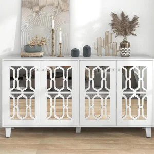Dressoir – 4 deuren en verstelbare planken – kristallen handgreep – Wit Dressoir – 4 deuren en verstelbare planken – kristallen handgreep – Wit