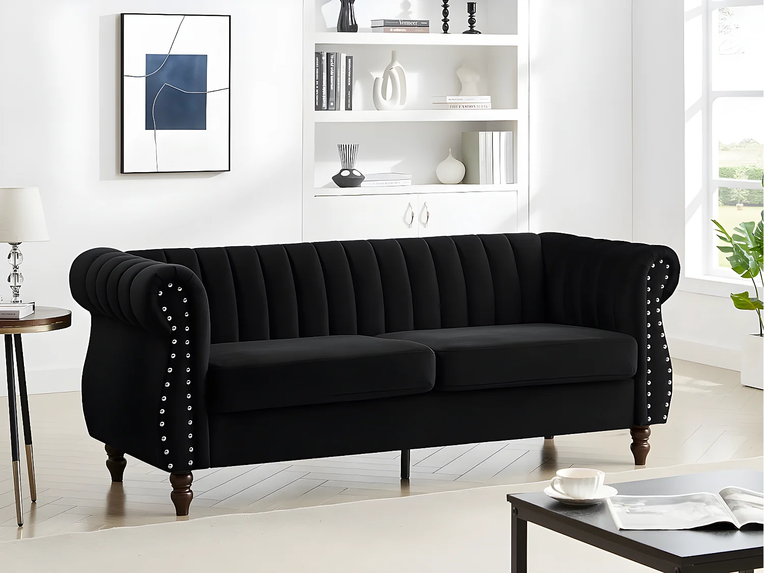 Driezits-Chesterfield-bank van zwart velours TRUMBO