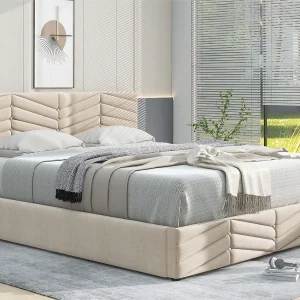 Fluwelen opbergbed met lattenbodem + verstelbaar hoofdeinde – 140x200cm – Beige Fluwelen opbergbed met lattenbodem + verstelbaar hoofdeinde – 140x200cm – Beige