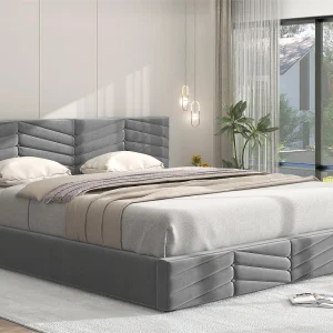Fluwelen opbergbed met lattenbodem + verstelbaar hoofdeinde – 180x200cm – Grijs Fluwelen opbergbed met lattenbodem + verstelbaar hoofdeinde – 180x200cm – Grijs