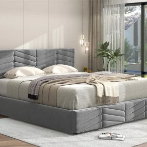 Fluwelen opbergbed met lattenbodem + verstelbaar hoofdeinde – 140x200cm – Grijs Fluwelen opbergbed met lattenbodem + verstelbaar hoofdeinde – 140x200cm – Grijs
