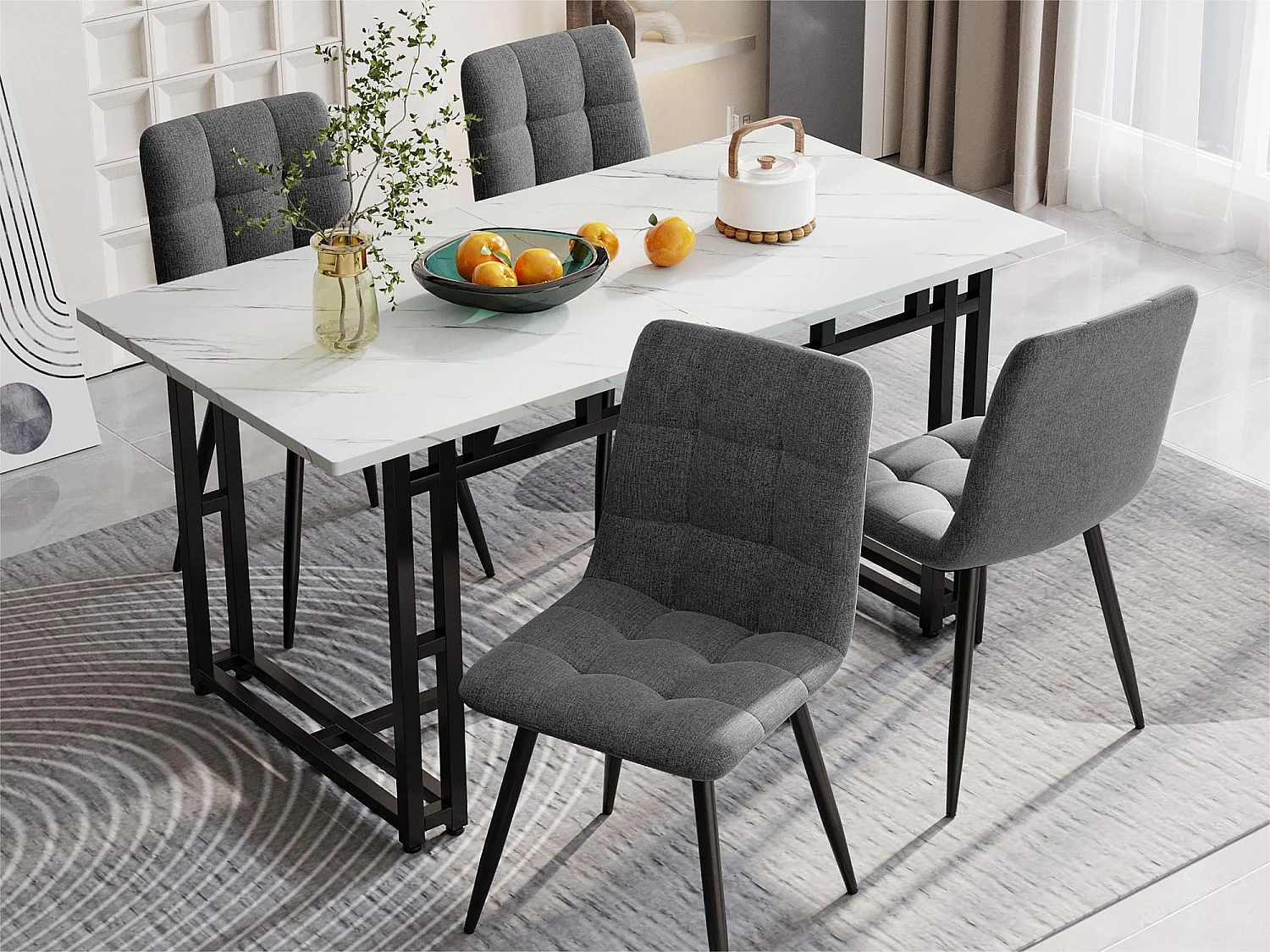 Eettafel - blad met marmer effect - zwarte metalen poten - 140x80cm - Wit & Zwart